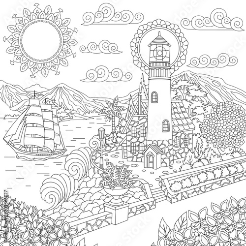 Lighthouse on sea shore and sailing ship. Coloring Page. Colouring picture. Adult Coloring Book idea. 