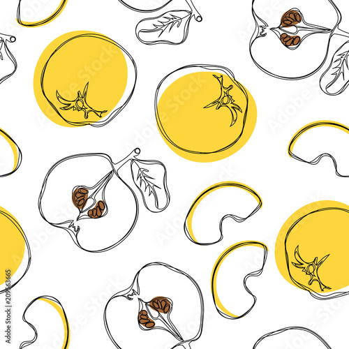 Yellow quince hand draw seamless pattern on isolated white background.