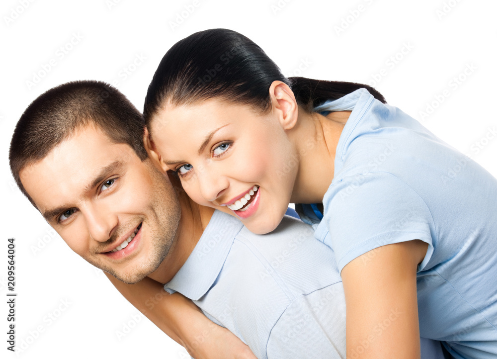 Portrait of young happy smiling attractive couple, isolated on white background Portrait of young happy smiling attractive couple, isolated on white background