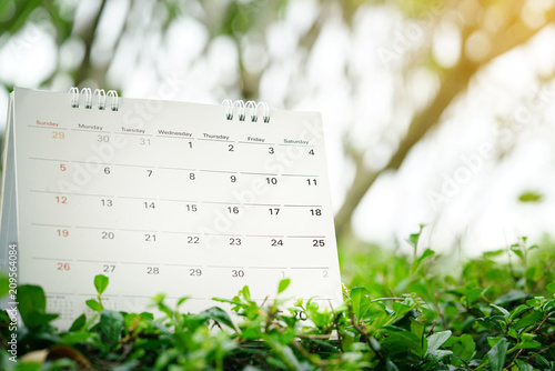 close up of calendar on green nature background with copy space, planning for business meeting or travel planning concept #209564084