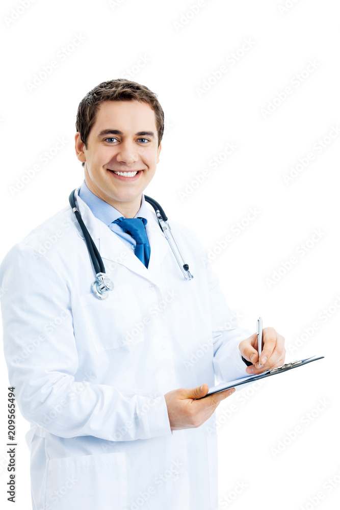 Happy smiling doctor writing on clipboard, isolated on white background Happy smiling doctor writing on clipboard, isolated on white background