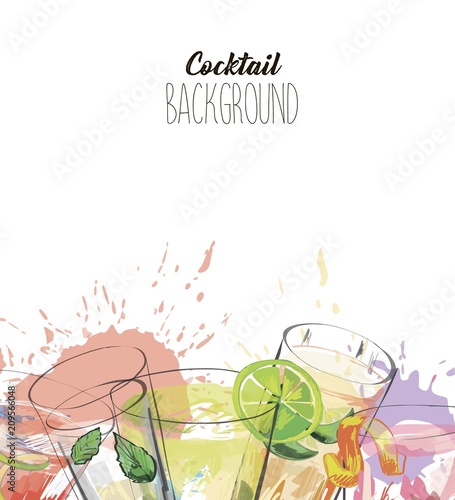 Watercolor background with alcohol drinks. Template design for menu, bar.