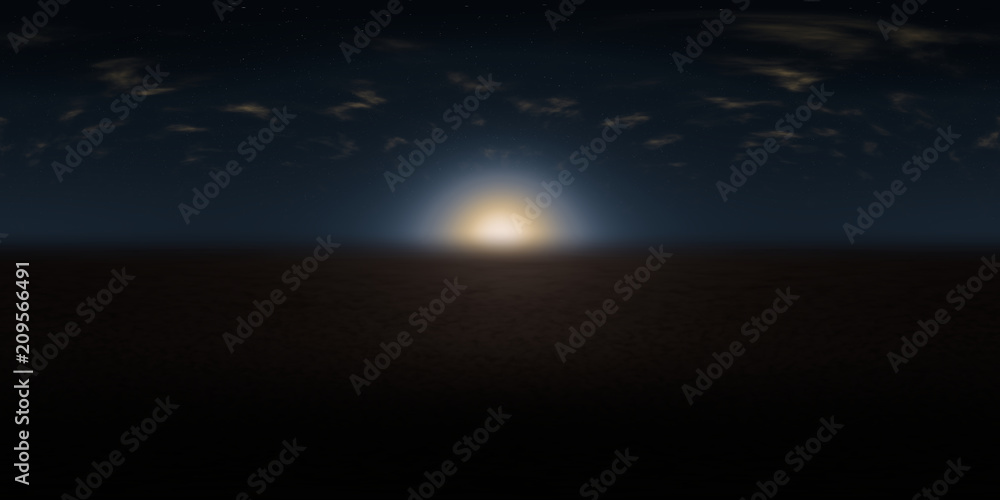 spherical panorama, high resolution environmental 360 degree HDRI map, 3d illustration background, 8k, for equirectangular projection (low sun in dark blue starry sky with clouds over dark landscape)