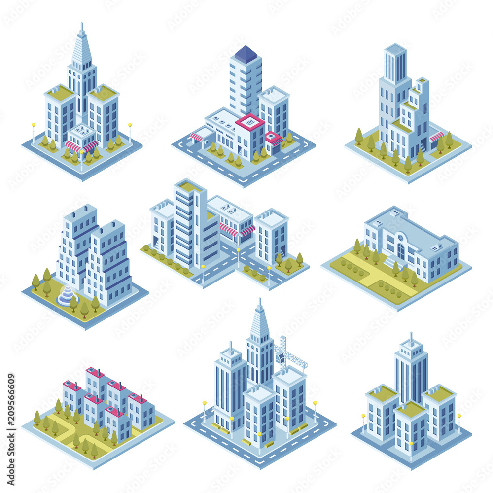 Isometric city architecture, cityscape building, landscape garden and office skyscraper. Buildings for 3d street map vector set
