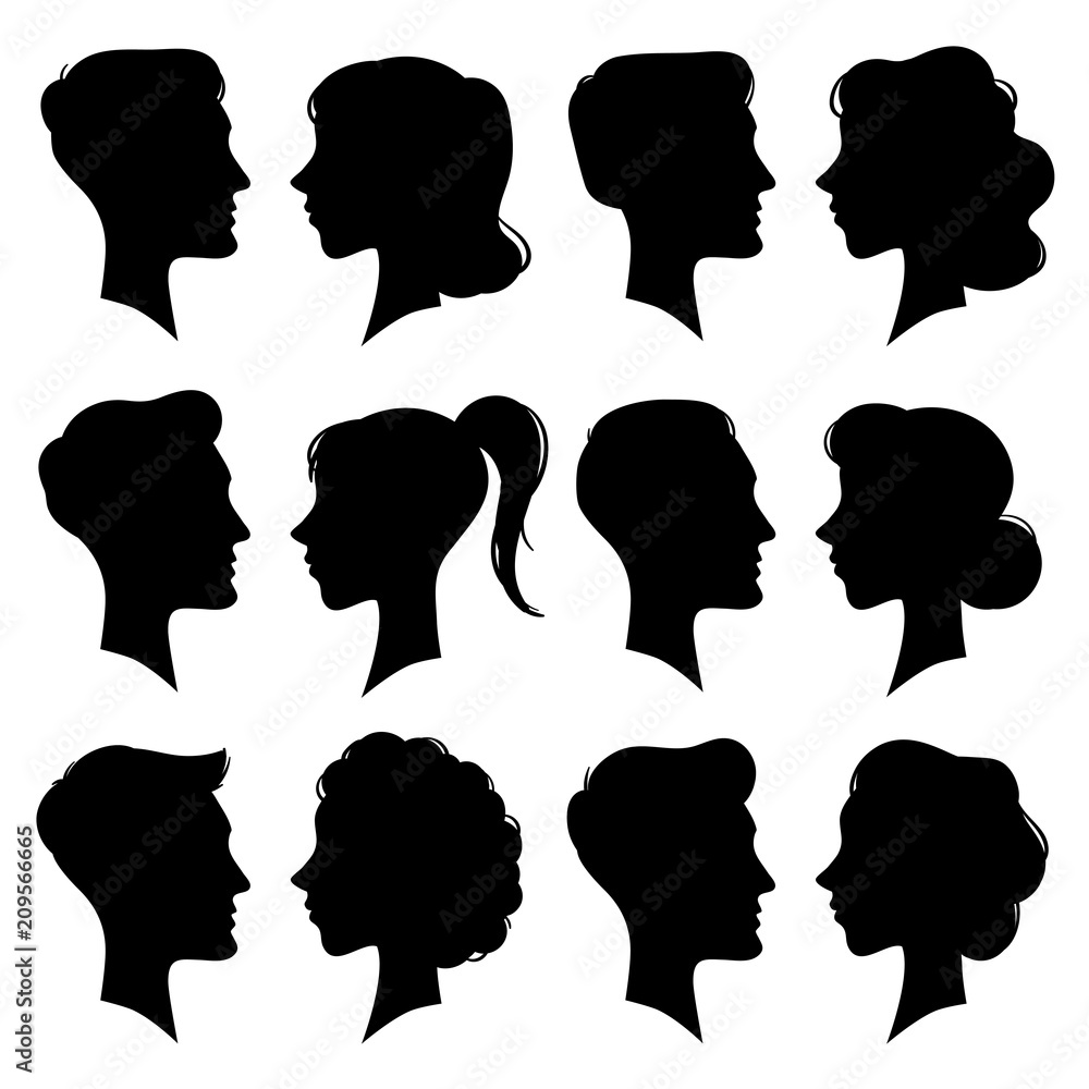 Female and Male faces silhouettes in vintage cameo style. Retro woman and man face profile portrait silhouette. People vector icons