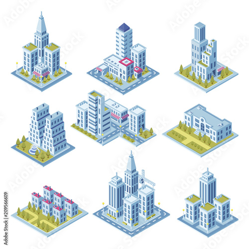 Isometric city architecture, cityscape building, landscape garden and office skyscraper. Buildings for 3d street map vector set