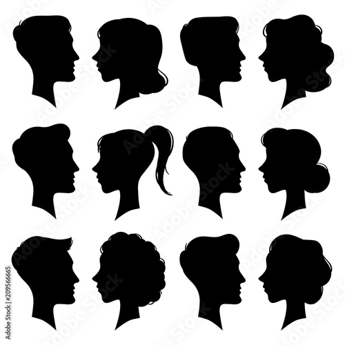 Принти на полотні Female and Male faces silhouettes in vintage cameo style
