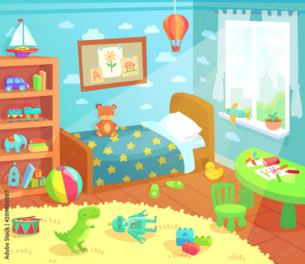 Cartoon kids bedroom interior. Home childrens room with kid bed, child toys  and light from window vector illustration Stock Vector | Adobe Stock