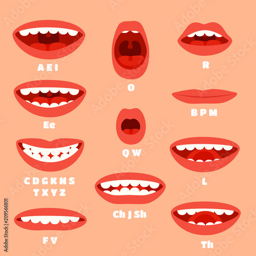 Expressive cartoon articulation mouth, lips. Lip sync animation phonemes for expression affront, speaking and talk accents vector set