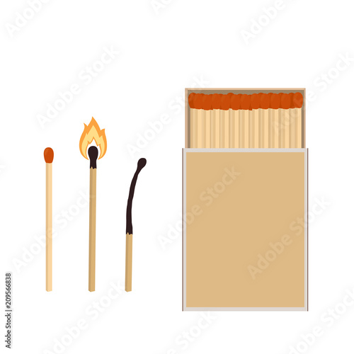 Matches. Matchbox, burning match and  burned match. Vector illustration isolated on white background.