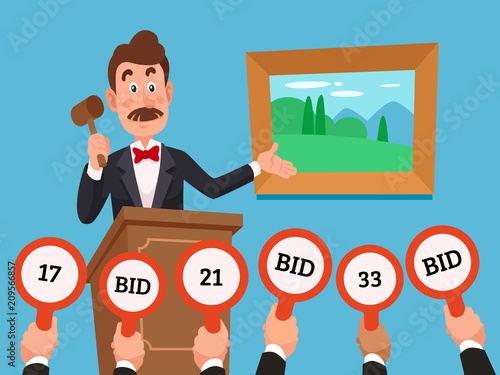Man on stand leading auction hold gavel. People make bets on auctions bidding by raising bid paddles with numbers vector illustration