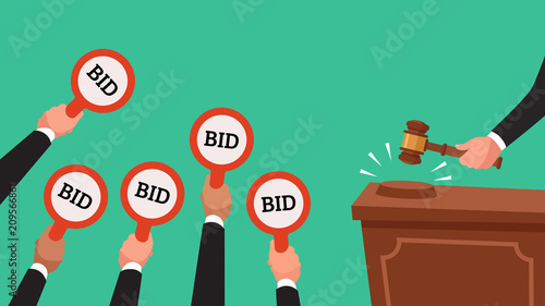 Auctioneer hold gavel in hand. Buyers raising arm holding bid paddles with numbers of price. Auction bidding vector illustration photo