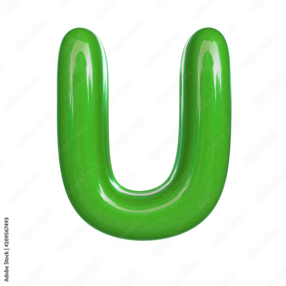 Glossy green paint letter U. 3D render of bubble font isolated on white background Glossy green paint letter U. 3D render of bubble font isolated on white background