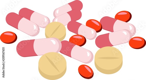 Assorted pharmaceutical medicine pills, tablets and capsules over white background