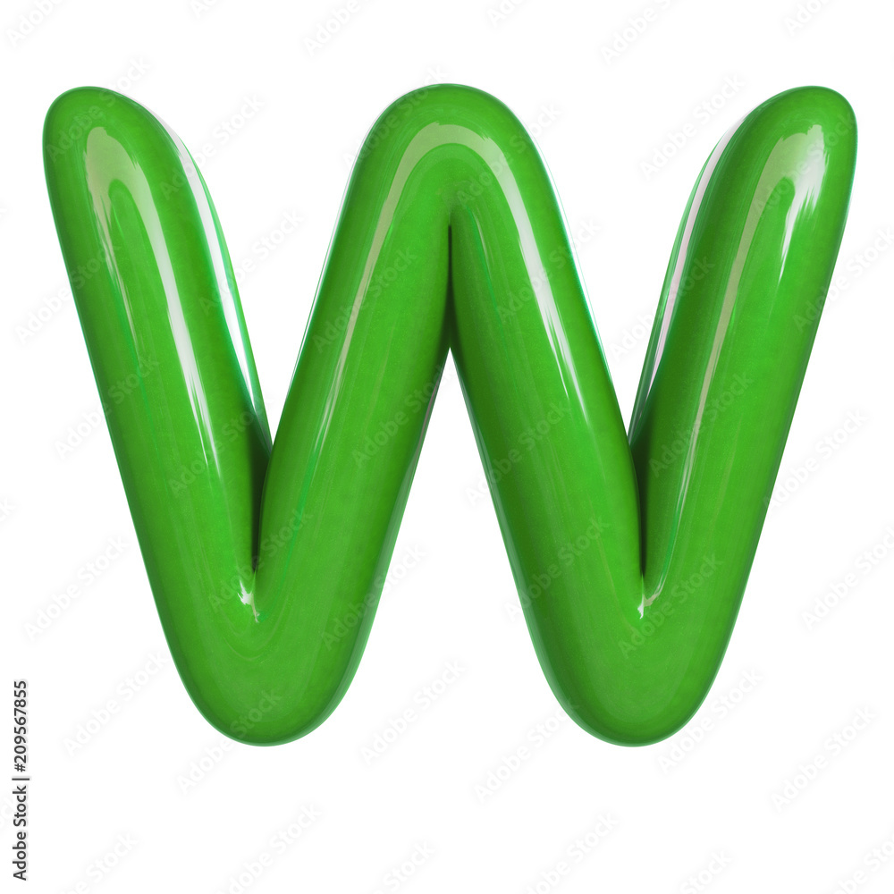 Glossy green paint letter W. 3D render of bubble font isolated on white background Glossy green paint letter W. 3D render of bubble font isolated on white background