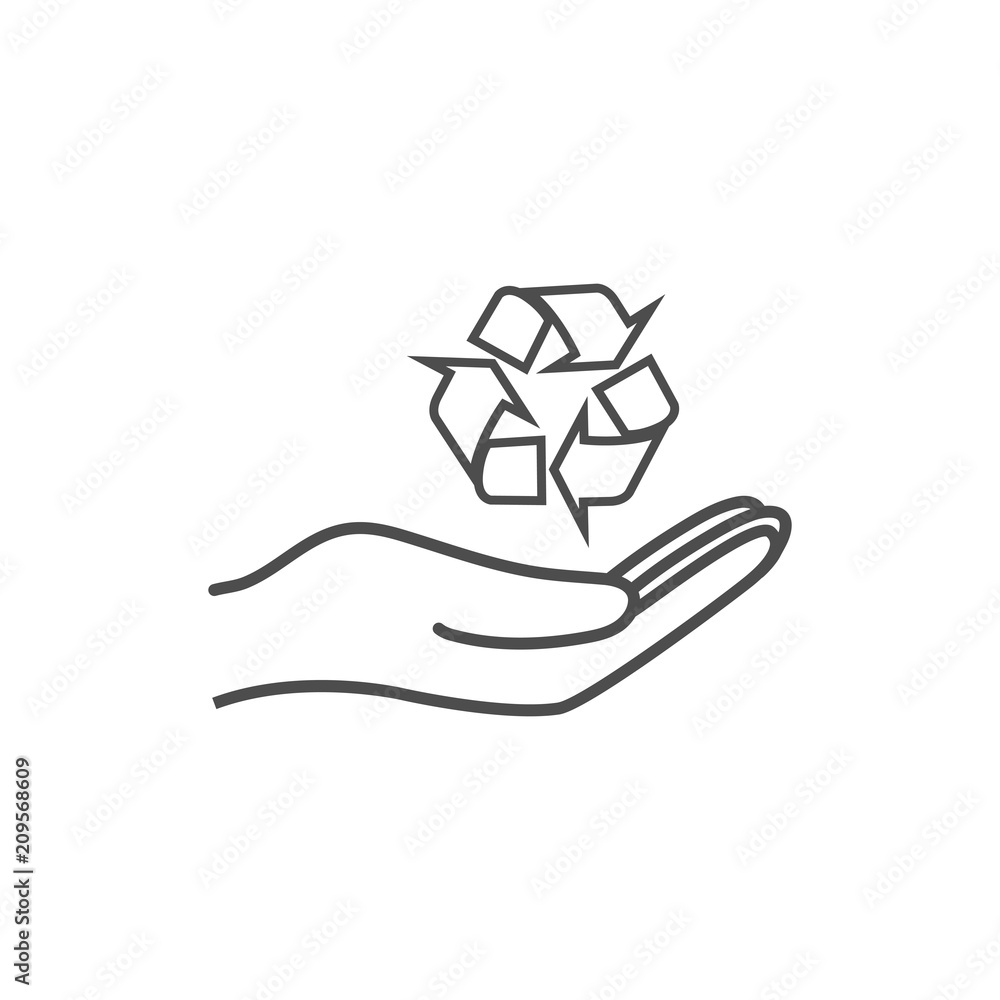 Open hand icon with recycling icon. Vector illustration. Flat design. Open hand icon with recycling icon. Vector illustration. Flat design.