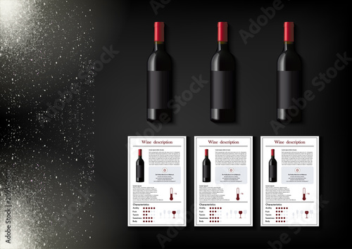 A simple design of realistic bottles of wine and wine cards with descriptions and characteristics of the wine on a black background with sparkling sparkles.Vector illustration in photorealistic style.