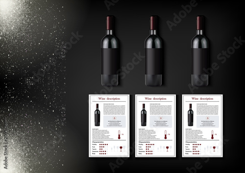 A simple design of realistic bottles of wine and wine cards with descriptions and characteristics of the wine on a black background with sparkling sparkles.Vector illustration in photorealistic style.