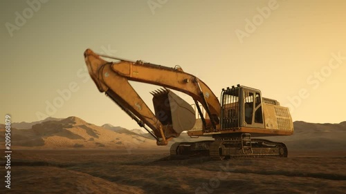 Big excavator machine working on an empty, dark, foggy construction site. 4KHD
