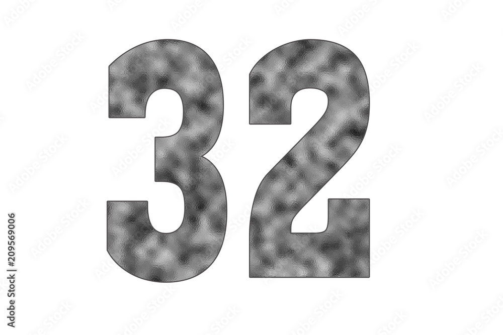 32 Number. Shiny silver textures for designers. White isolated. Percent and Discount Theme