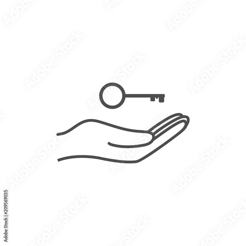 Open hand icon with key icon. Vector illustration. Flat design.