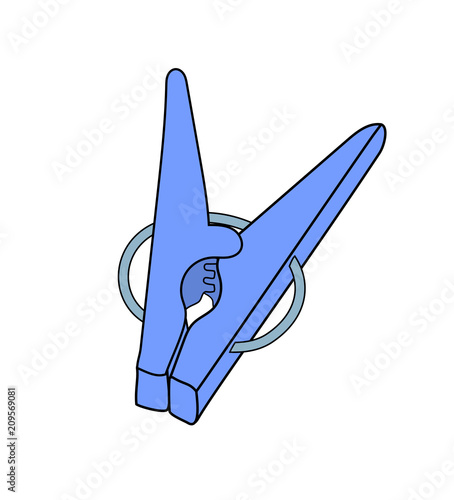 Vector illustration, isolated blue clothes pin, outline hand painted drawing
