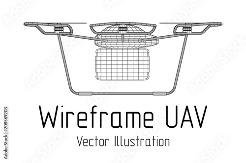 Remote control air drone. Dron flying with action video camera. Wireframe low poly mesh vector illustration