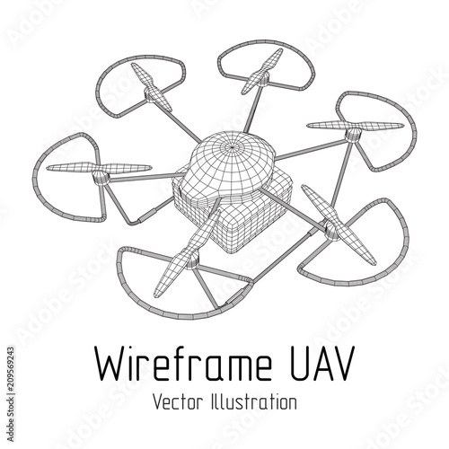 Remote control air drone. Dron flying with action video camera. Wireframe low poly mesh vector illustration