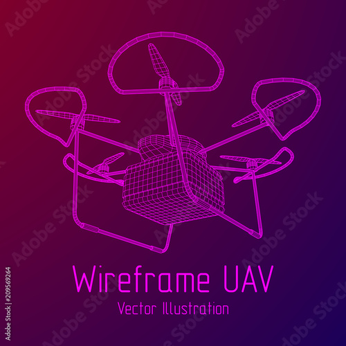 Remote control air drone. Dron flying with action video camera. Wireframe low poly mesh vector illustration