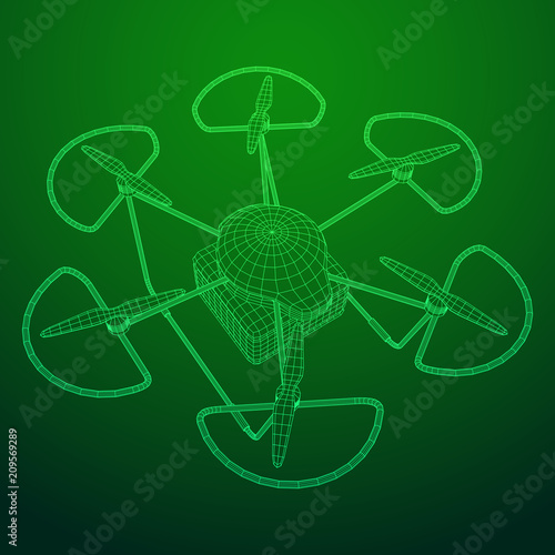 Remote control air drone. Dron flying with action video camera. Wireframe low poly mesh vector illustration