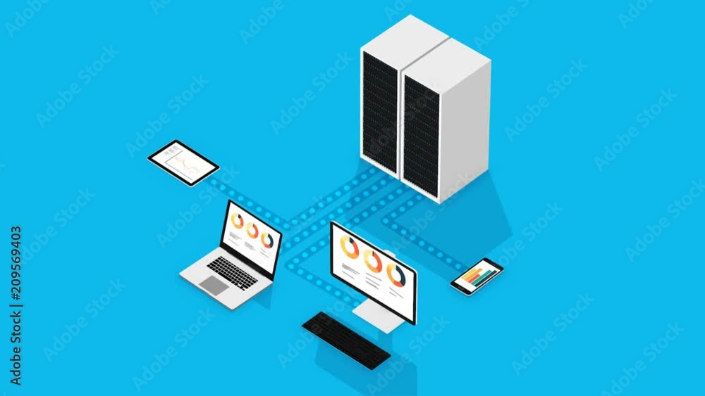 Computer network with one big server and tablet, laptop, PC and smartphone. Computer network with one big server and tablet, laptop, PC and smartphone.