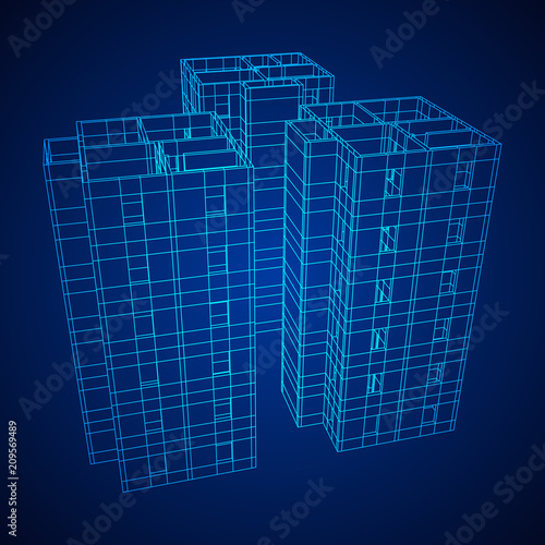 Abstract architecture building. Plan of modern house. Wireframe low poly mesh construction.