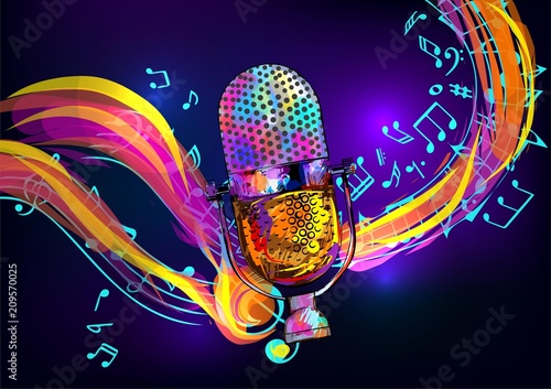 Music background with vintage microphone. Vector design for music festival, karaoke and concert.  photo