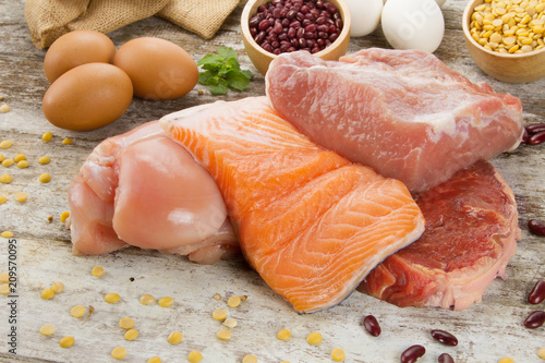 Rich Nutrient food of fish chicken and meat protein source. concept diet food, culinary and cooking photo