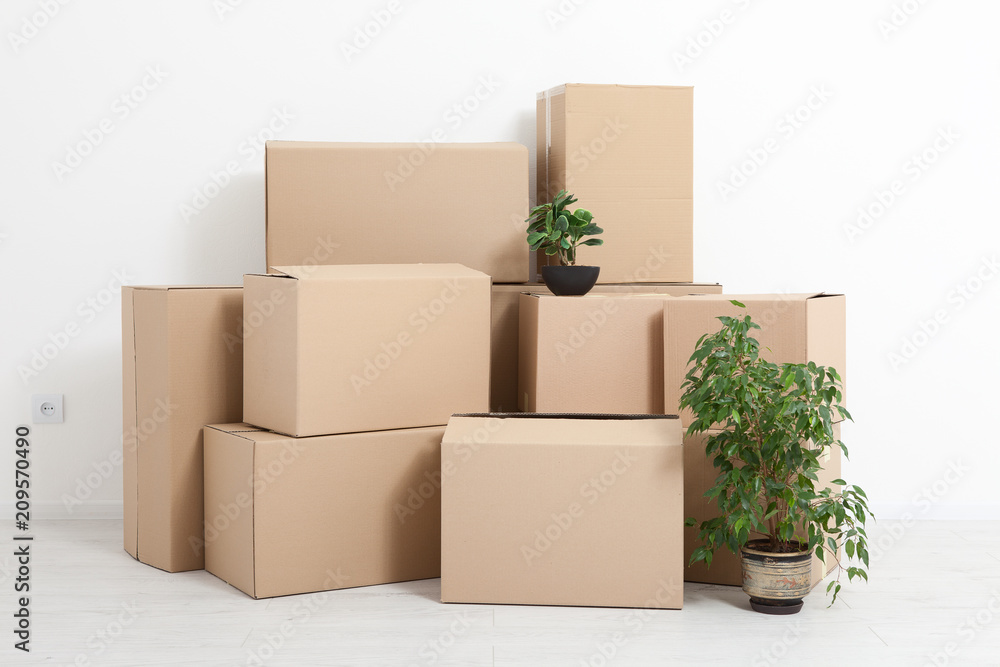 Moving into a new apartment. Move lots of cardboard boxes in an empty new apartment. Moving into a new apartment. Move lots of cardboard boxes in an empty new apartment.