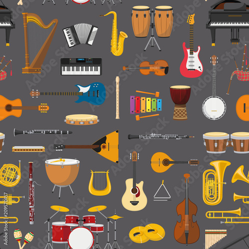Musical instrumental seamless pattern background. Vector illustracion