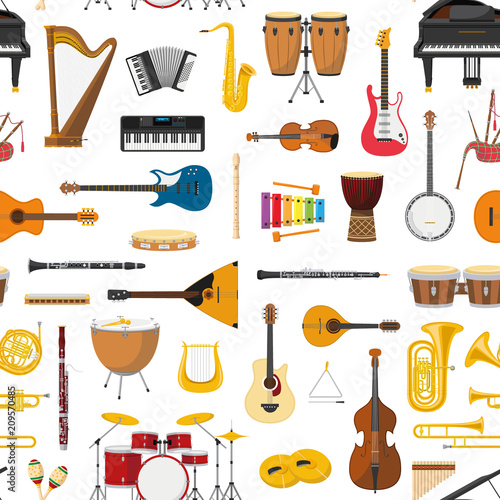 Musical instrumental seamless pattern background. Vector illustracion