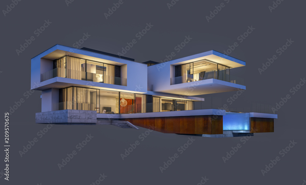 3d rendering of modern house at night isolated on gray.