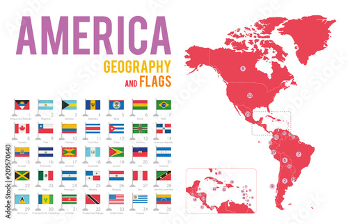 Set of 35 flags of America isolated on white background and map of America with countries situated on it.