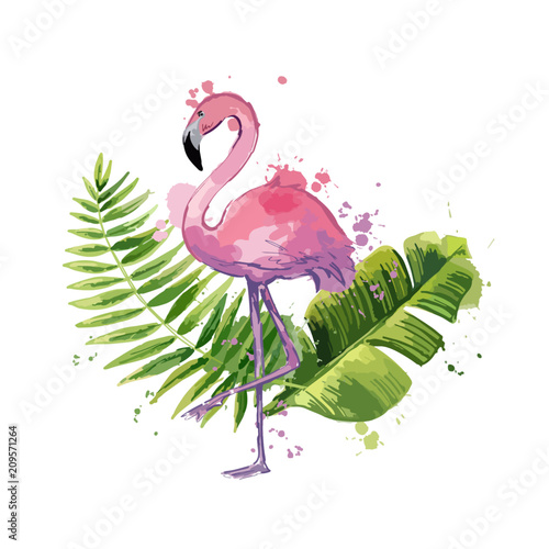 Vector pink flamingo with exotic tropical leaves isolated on a white background.