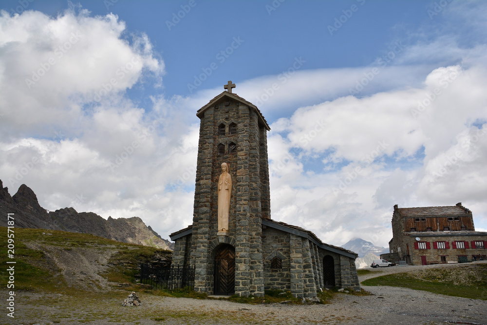 Stone church at Col de l'Iseran  mountain pass in France, the highest paved pass in the Alps,part of the Graian Alps, in the department of Savoie.
