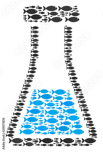 Chemical retort vector shape constructed of randomized fish icons in different sizes. Fish icons are arranged into abstract chemical retort shape.