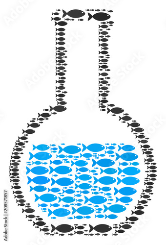 Chemical retort vector collage created from randomized fish icons in variable sizes. Fish icons are united into abstract chemical retort representaion.