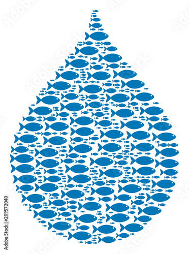 Drop vector figure constructed from random fish objects in variable sizes. Fish icons are formed into abstract drop vector illustration.