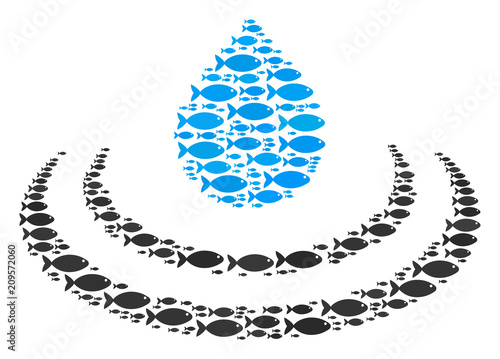 Drop ripple vector mosaic formed from scattered fish objects in different sizes. Fish icons are combined into abstract drop ripple representaion.