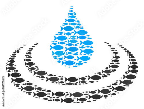 Drop ripple vector collage created from randomized fish icons in variable sizes. Fish icons are formed into abstract drop ripple vector illustration.