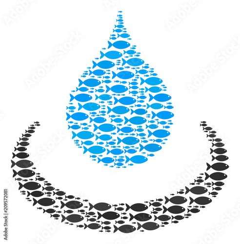 Drop ripple vector mosaic composed from randomized fish objects in different sizes. Fish icons are grouped into abstract drop ripple shape.