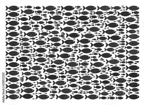 Filled rectange vector shape composed with randomized fish objects in heterogeneous sizes. Fish icons are arranged into abstract filled rectange concept.