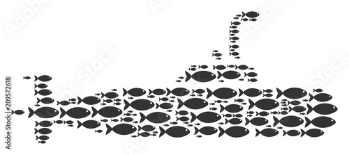 Military submarine vector shape formed of randomized fish objects in heterogeneous sizes. Fish icons are arranged into abstract military submarine representaion.
