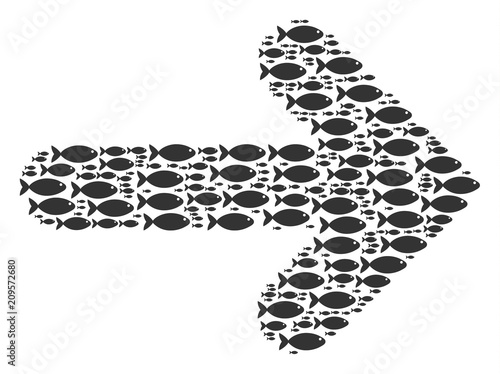 Right arrow vector shape formed of randomized fish items in heterogeneous sizes. Fish icons are formed into abstract right arrow representaion.